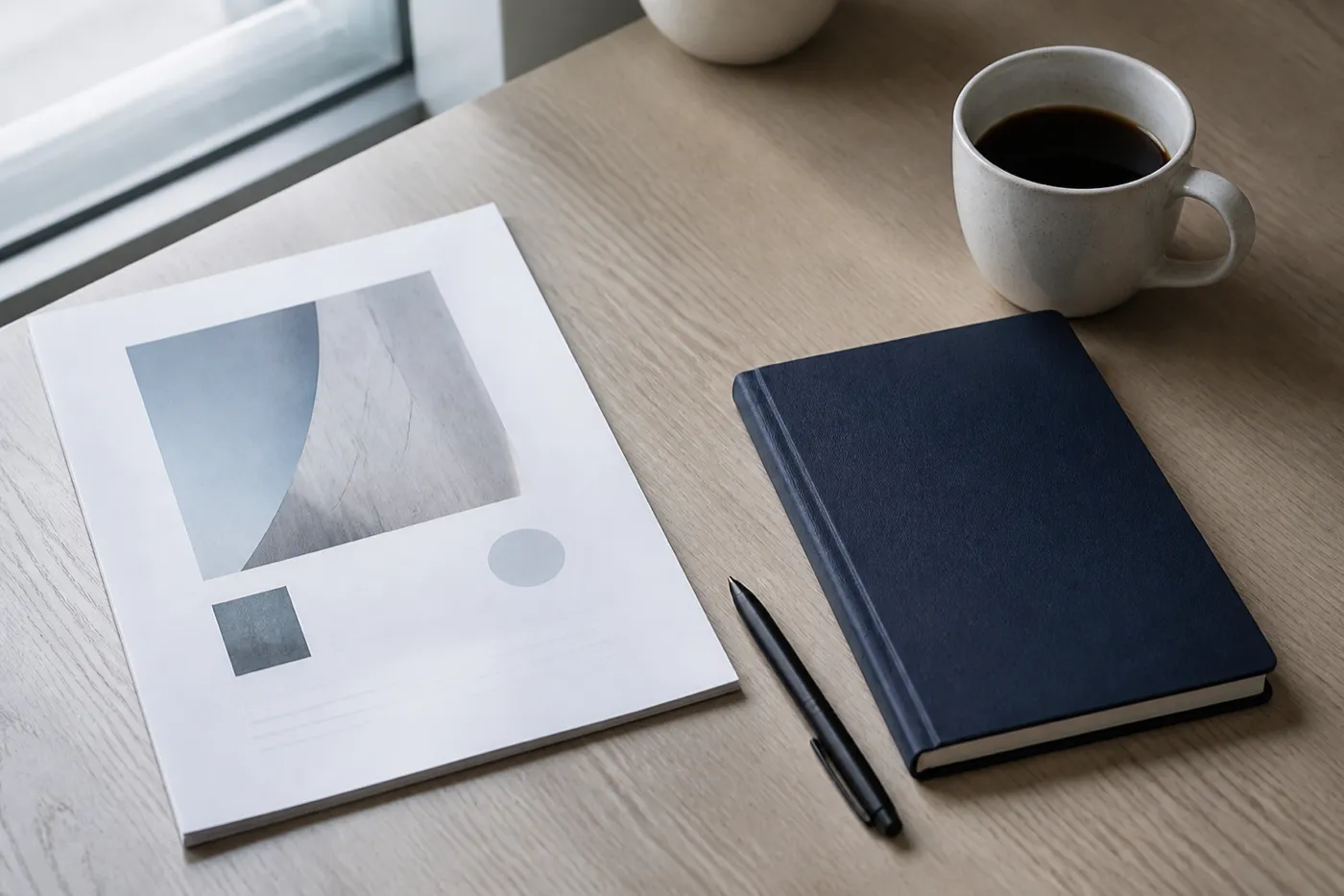 A printed page, a closed notebook, a pen and a cup of coffee on a pale desk in morning light